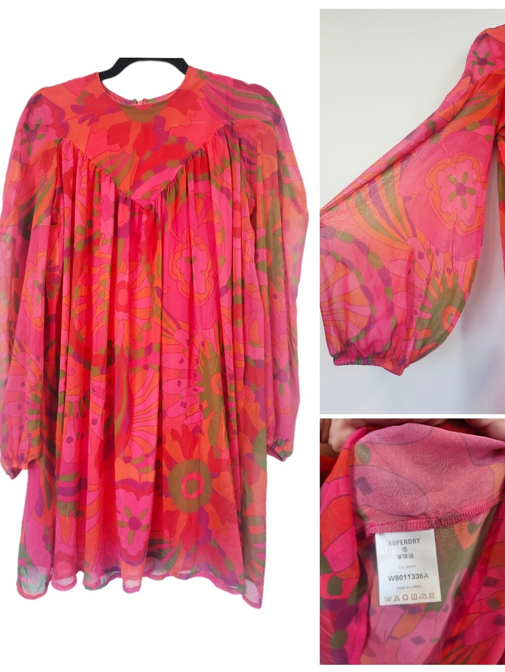 70's Sttle Vibrant Pink & Red Floral Babydoll Tunic Dress